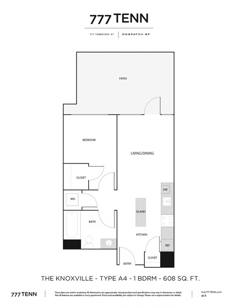 Floor plan for 1 bed, 1 bath, 636 sqft